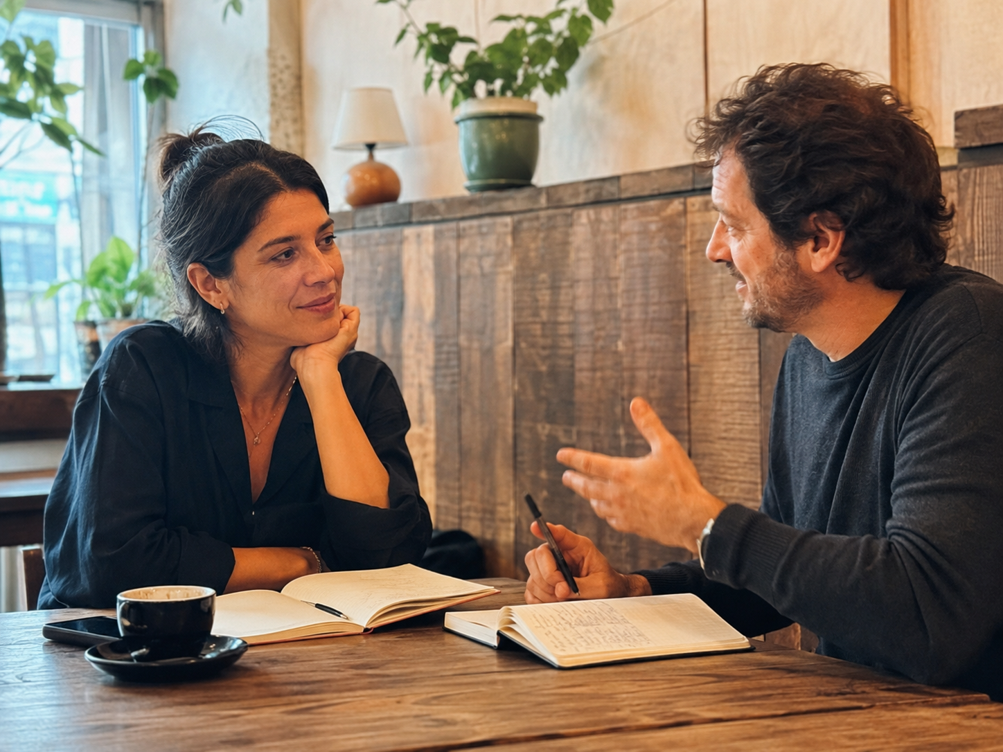 Adults talking over notebooks at a modest café