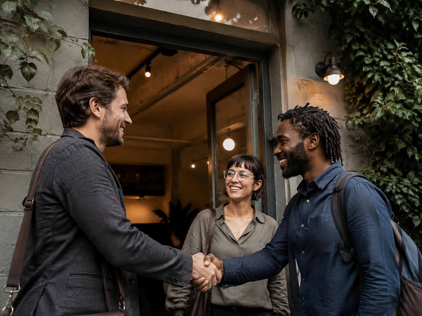 Adults greeting at a neighborhood coworking entrance