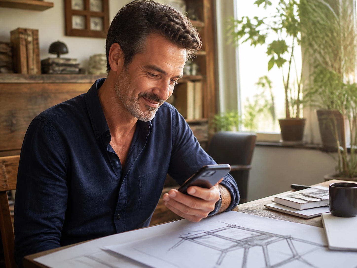 Adult reviewing a message beside a hand-drawn product sketch