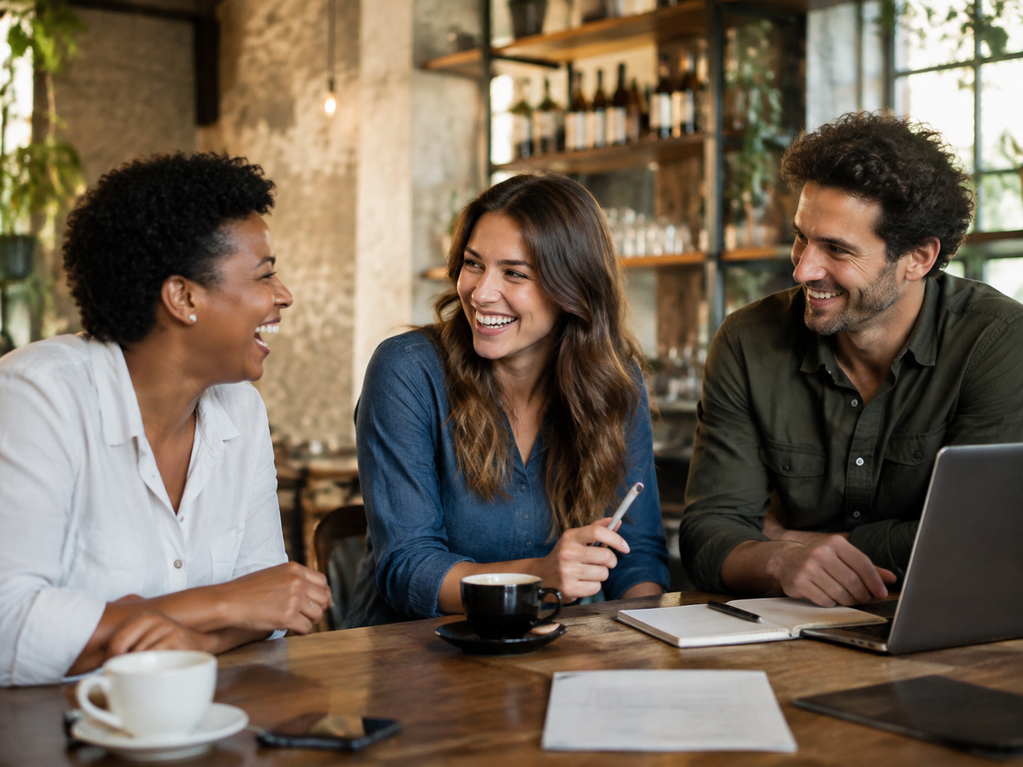 Adults laughing during an informal café brainstorming session