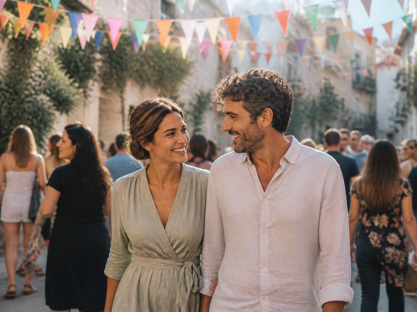 Adults strolling beneath colorful festival bunting
