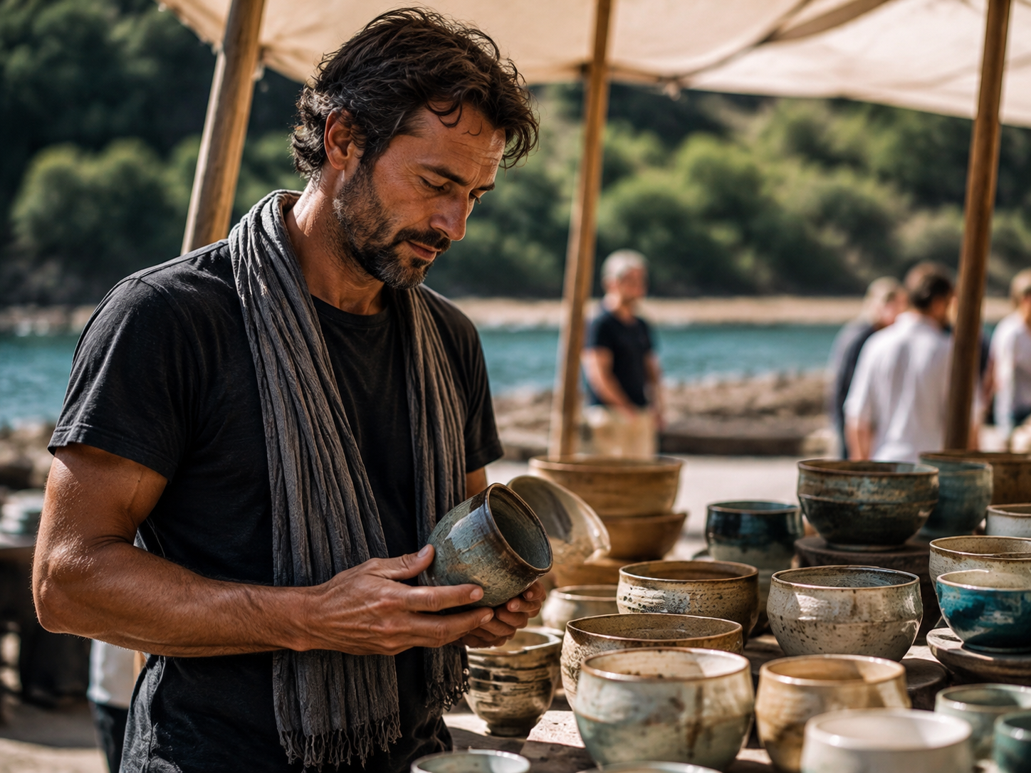 Adult inspecting handmade ceramics at an outdoor stall