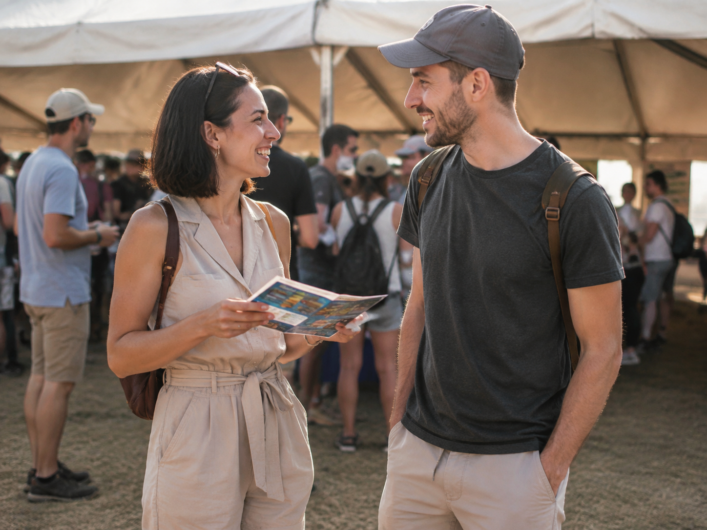 Adults meeting beside a public festival information tent