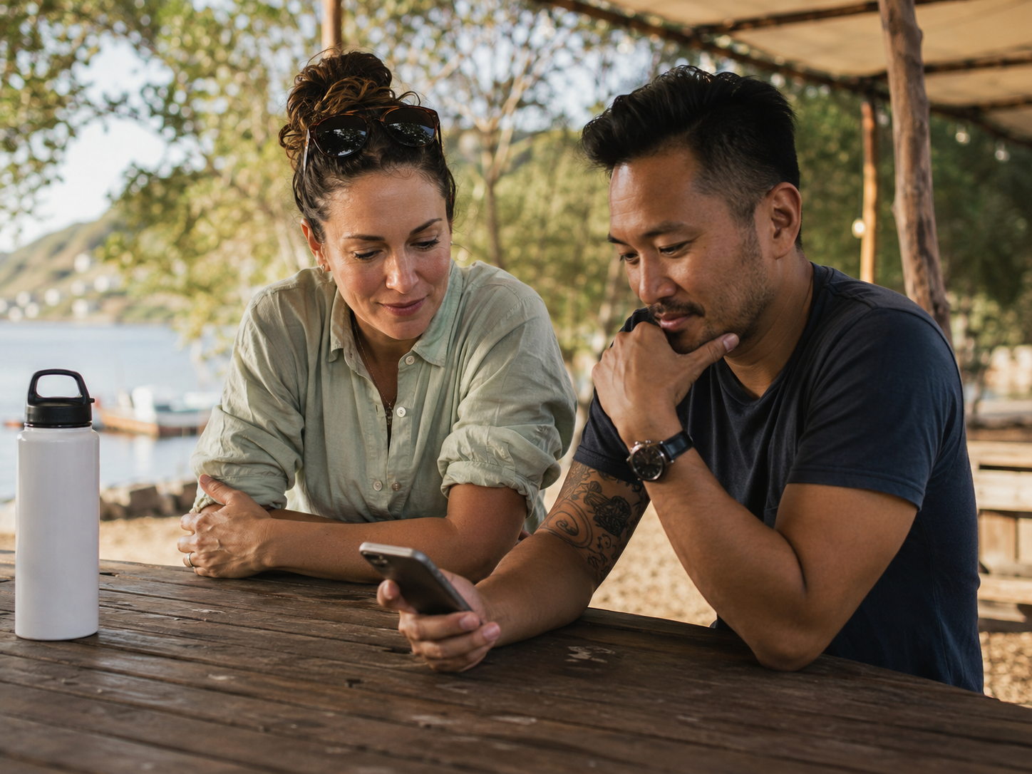 Adult messaging at a shaded rest table