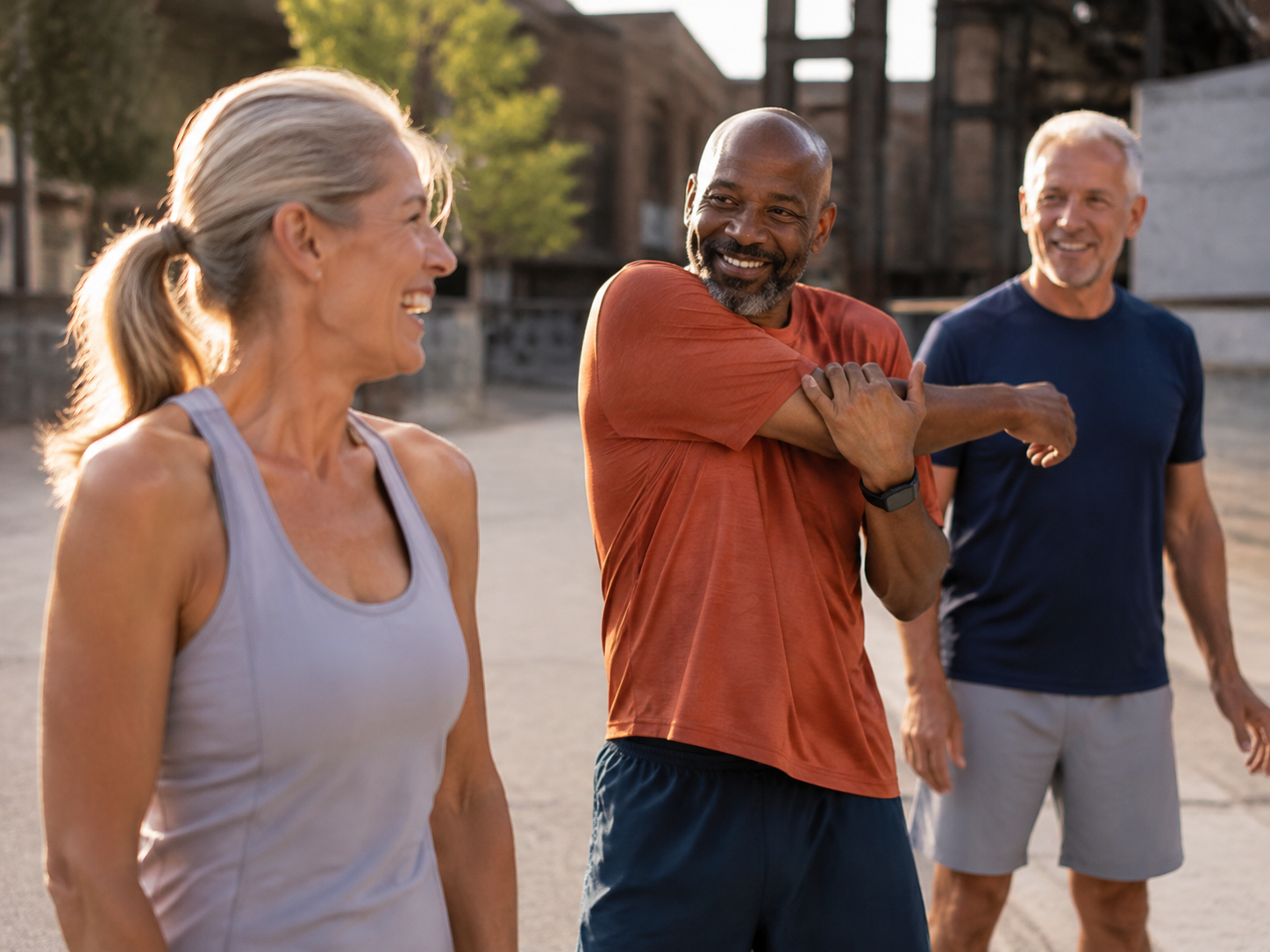 Adults smiling during a casual outdoor stretching break