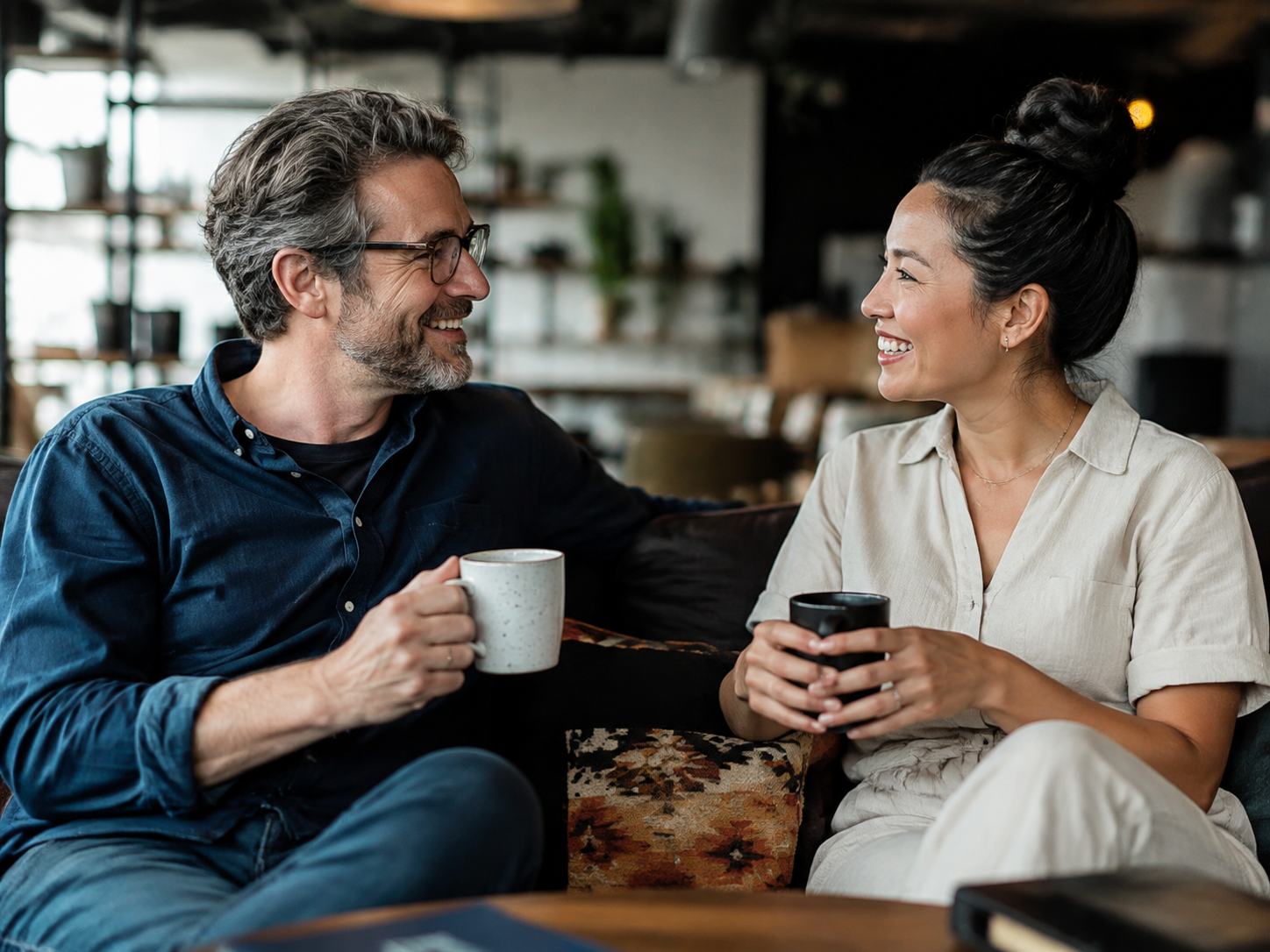 Adults reflecting over coffee after a collaborative session