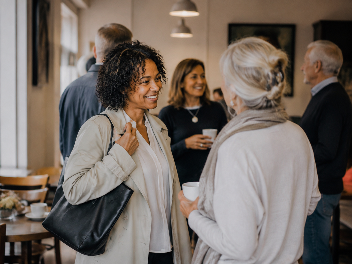 Adult arriving at a small public café gathering.