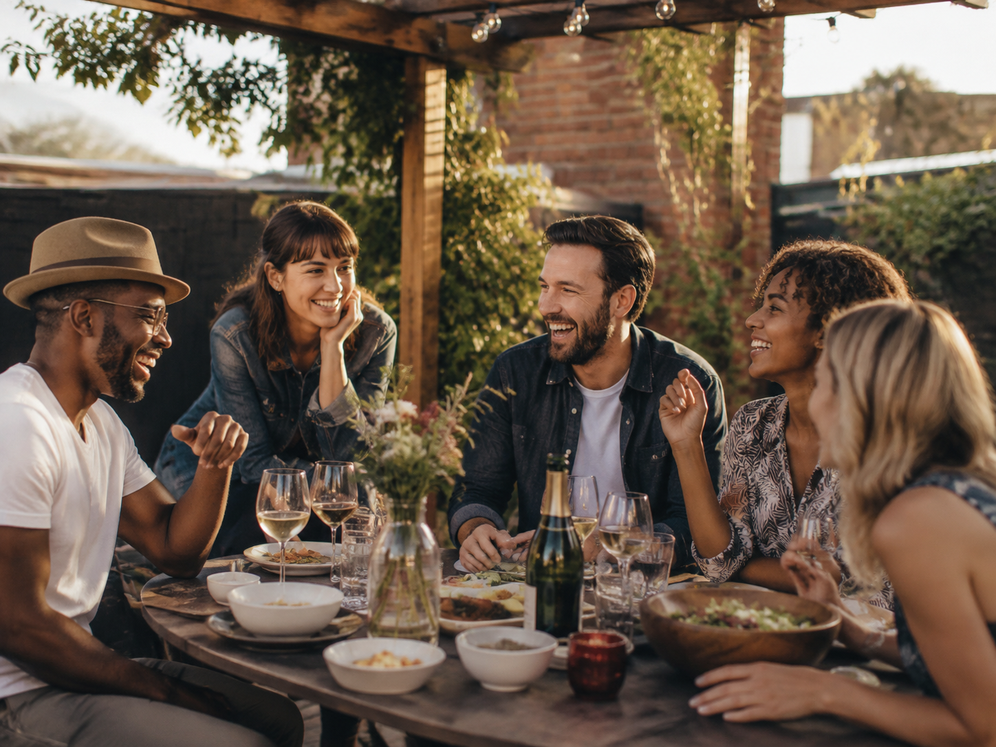 Friends animatedly talking around a patio table.
