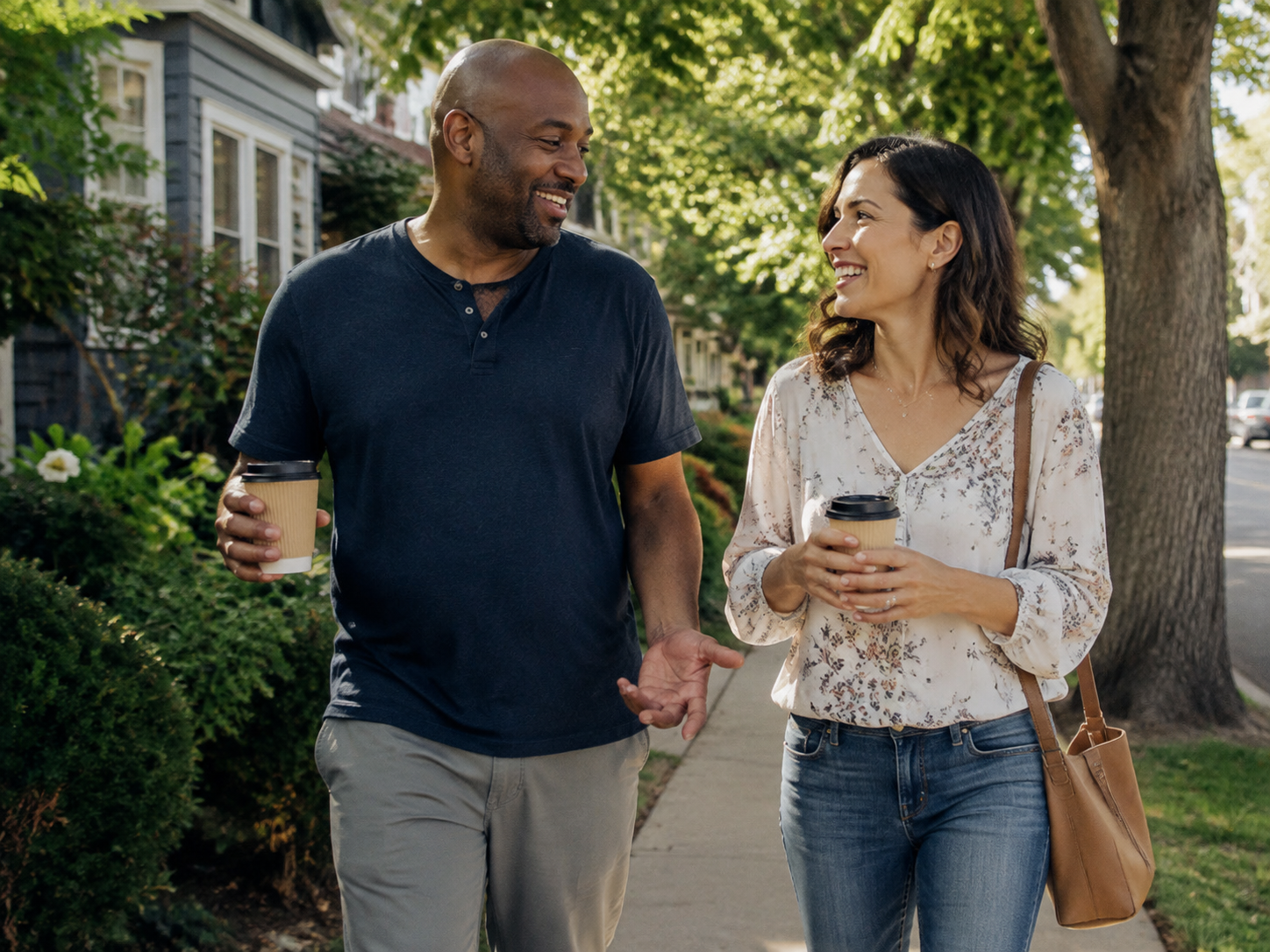 Two neighbors walking along a shaded sidewalk.