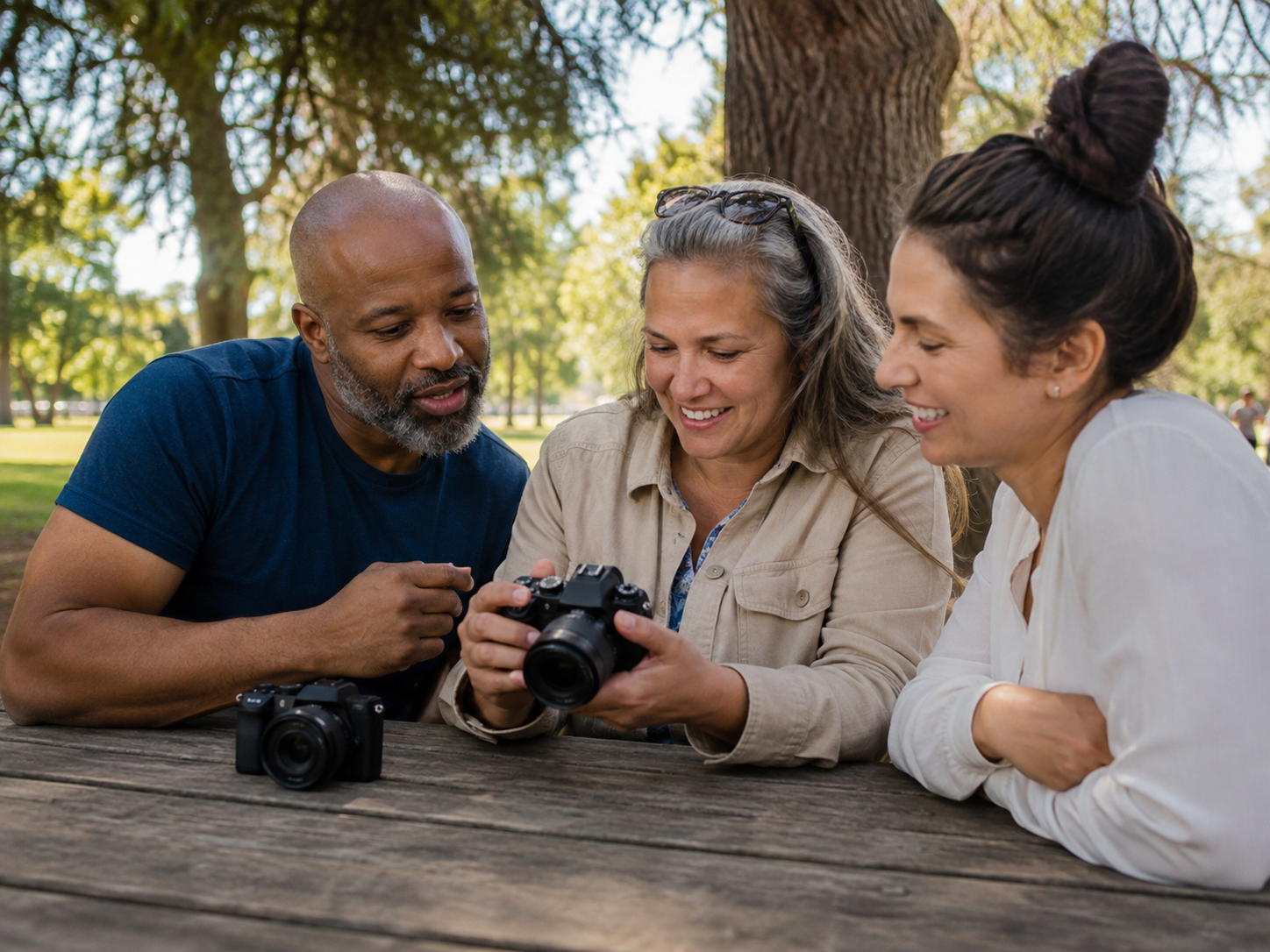 Adults sharing hobby photographs at a park picnic table.