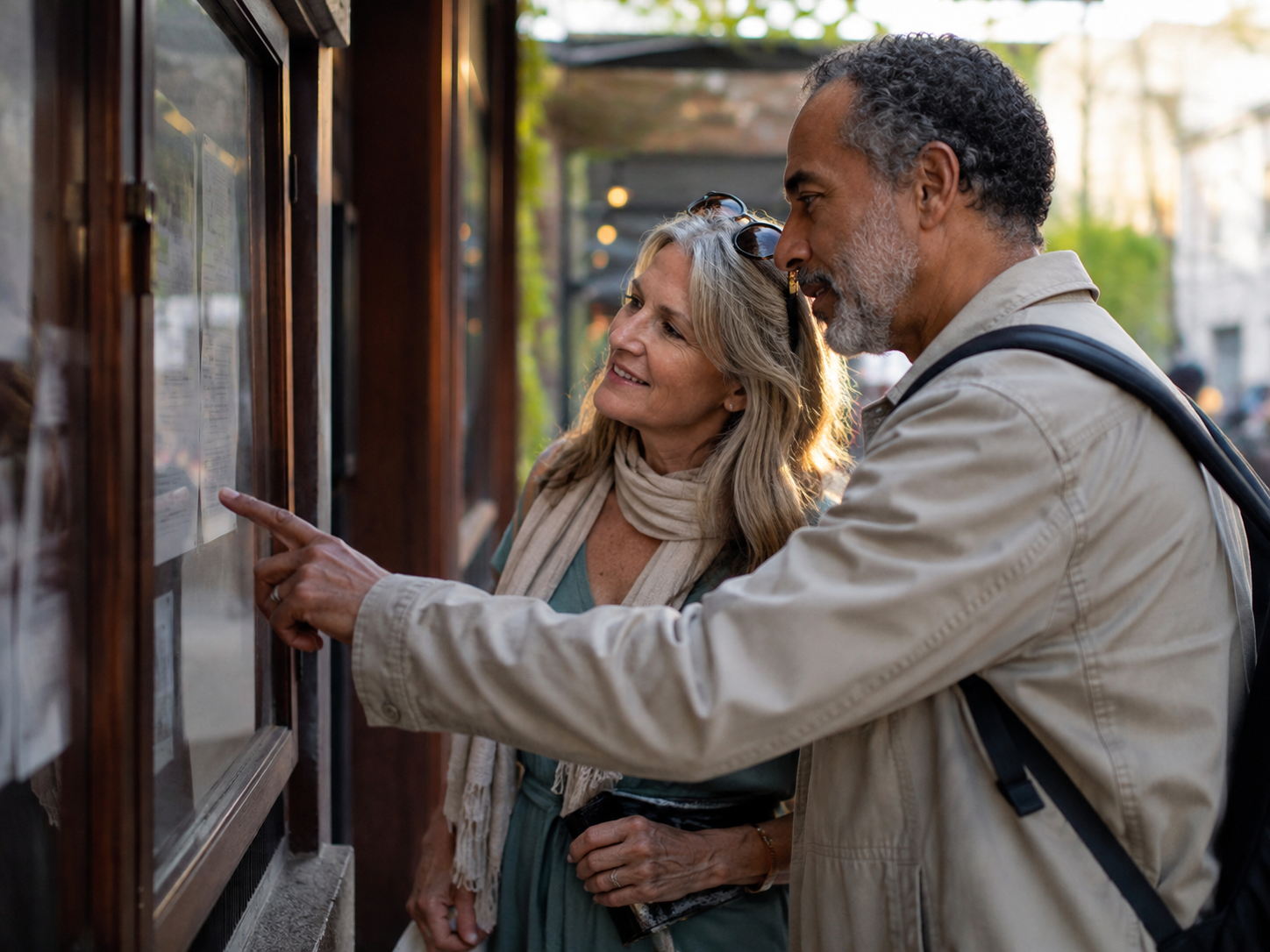 Adults checking a public venue noticeboard.