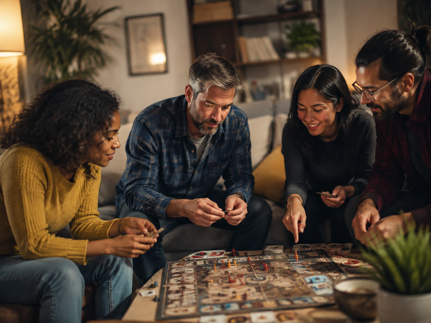 Adults gathered around a cooperative board game