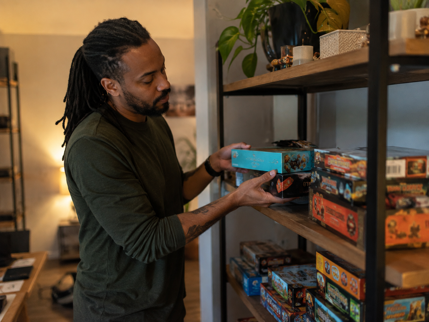 Adult organizing a shelf of tabletop games