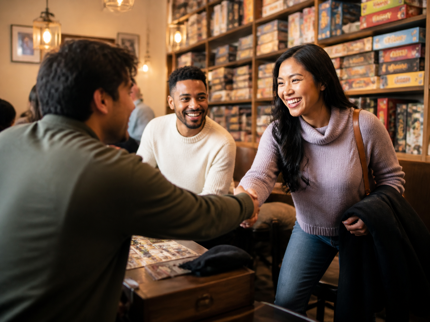 Adults greeting at a local board-game café