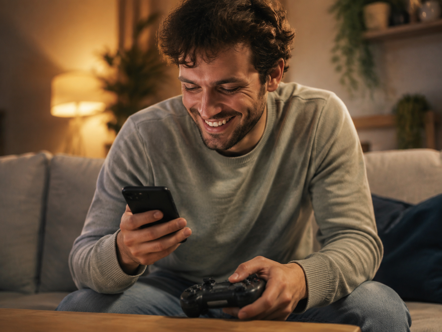 Adult smiling at a message beside an unbranded game controller