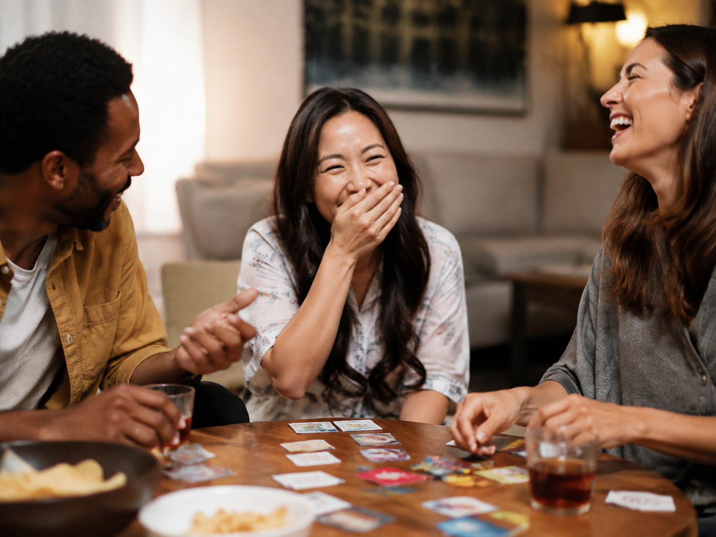 Adults laughing after a surprising tabletop game move