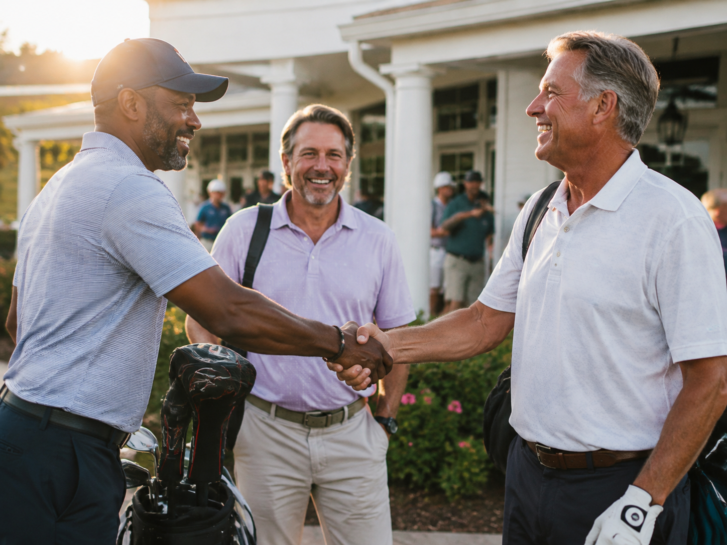 Adults greeting outside a public golf clubhouse