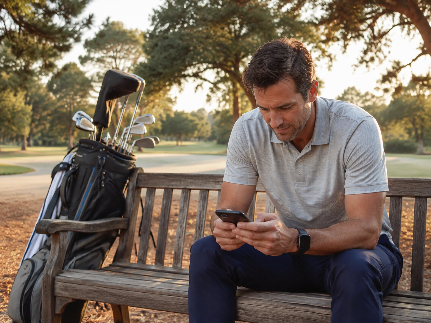 Adult reviewing a phone beside a golf bag on a bench
