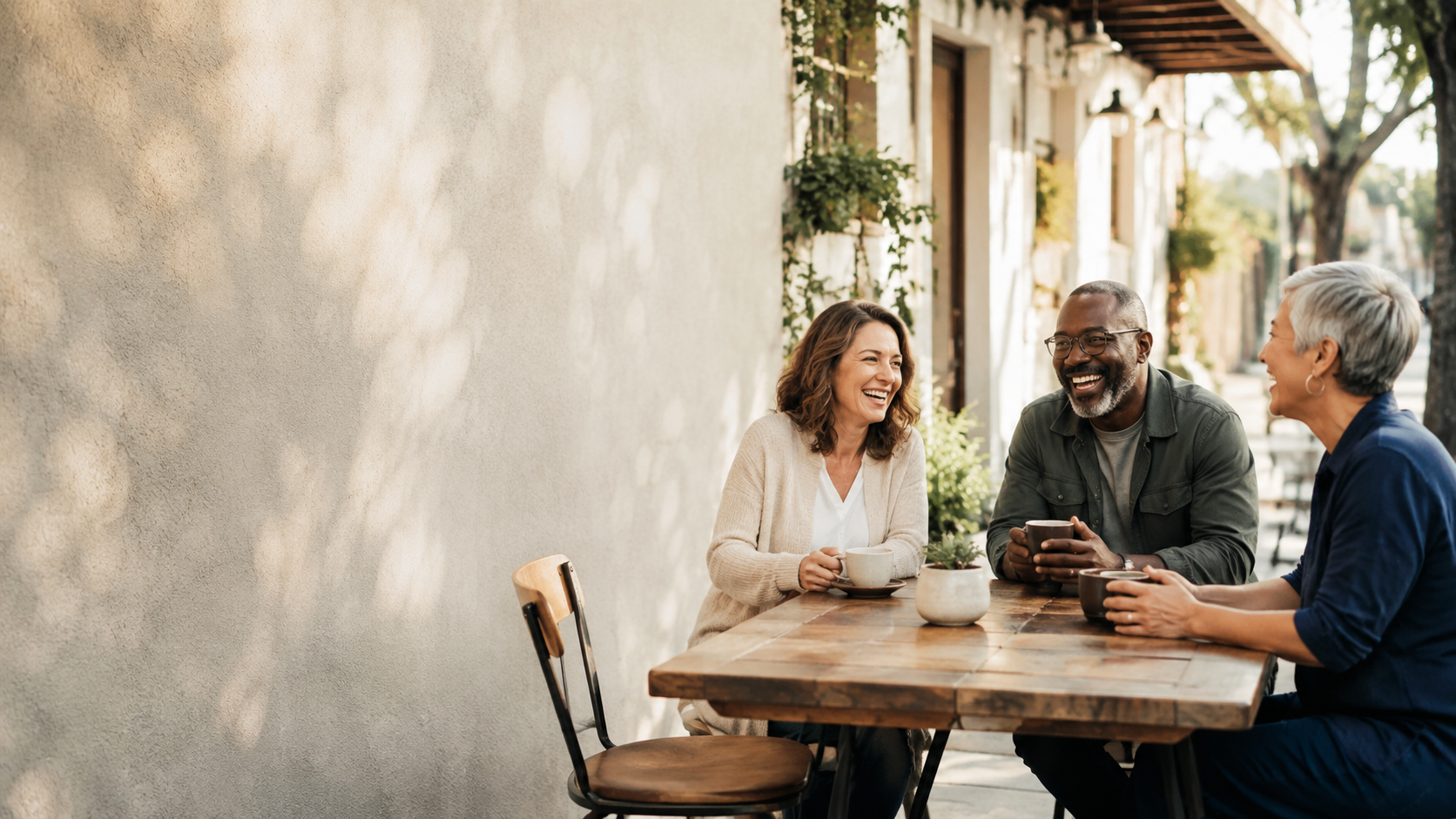 Three adults enjoying a relaxed conversation over coffee on a sunlit patio