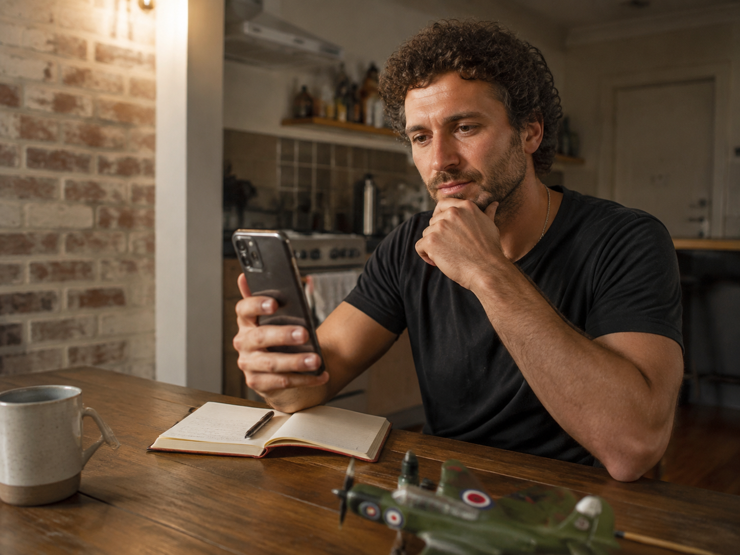 An adult thoughtfully discussing what matters while using their phone at home