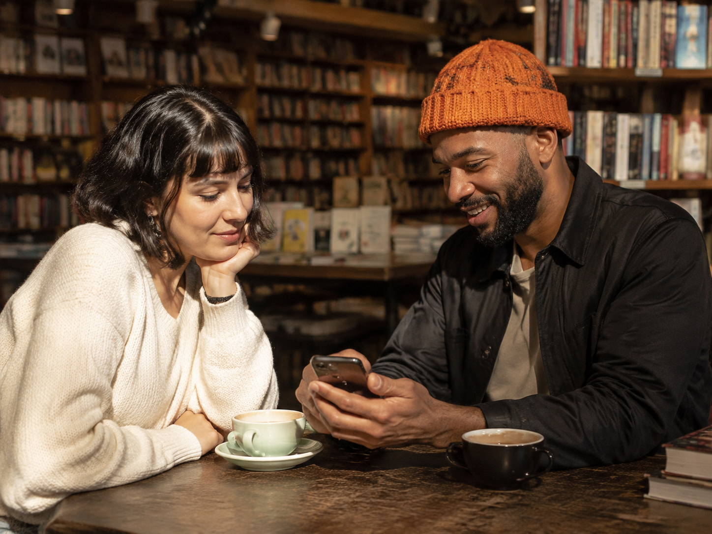 Two adults looking at a phone in a bookshop cafe