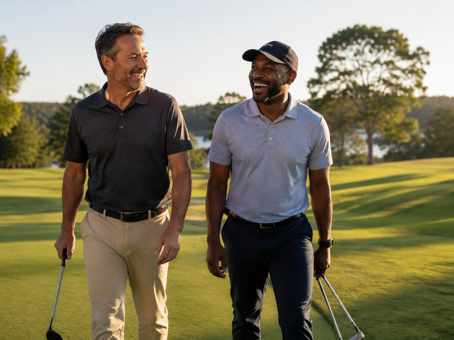 Two adults enjoying a conversation on a golf course
