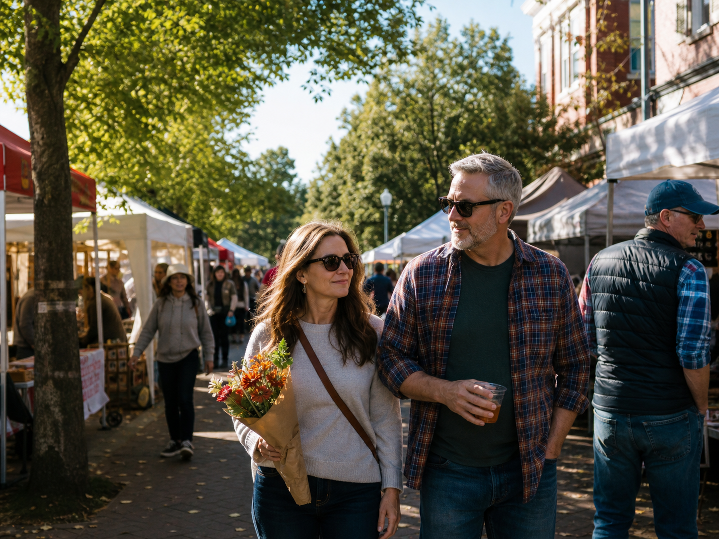 Adults browsing a small town pedestrian market