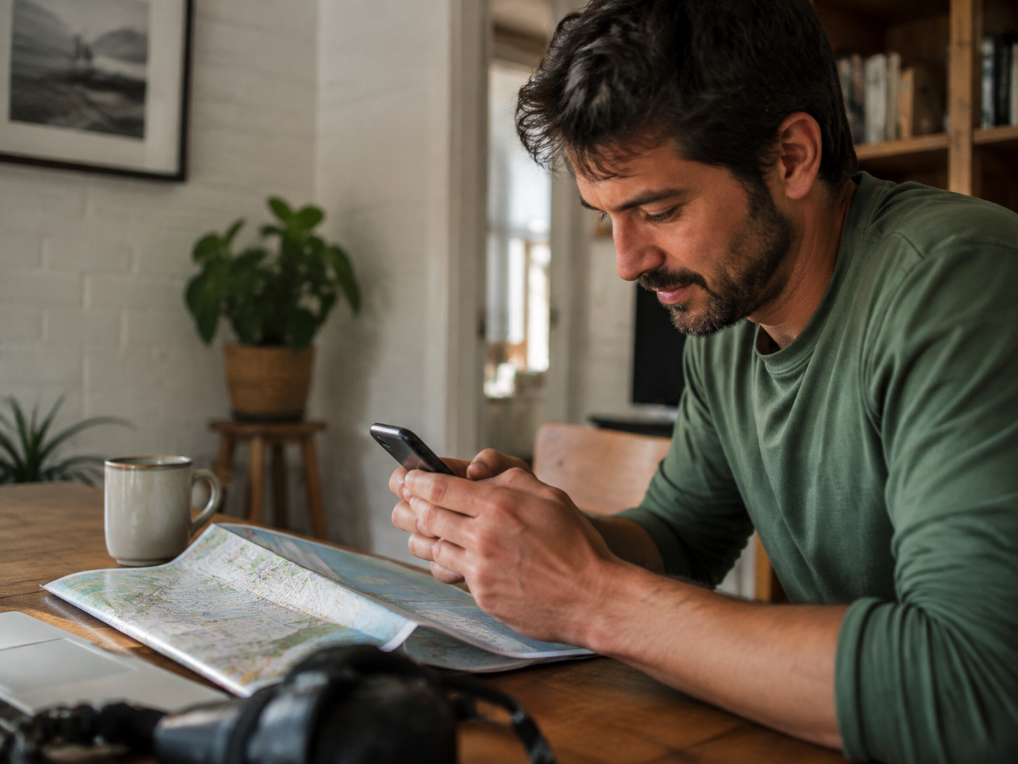 Adult sending a message beside a folded visitor map