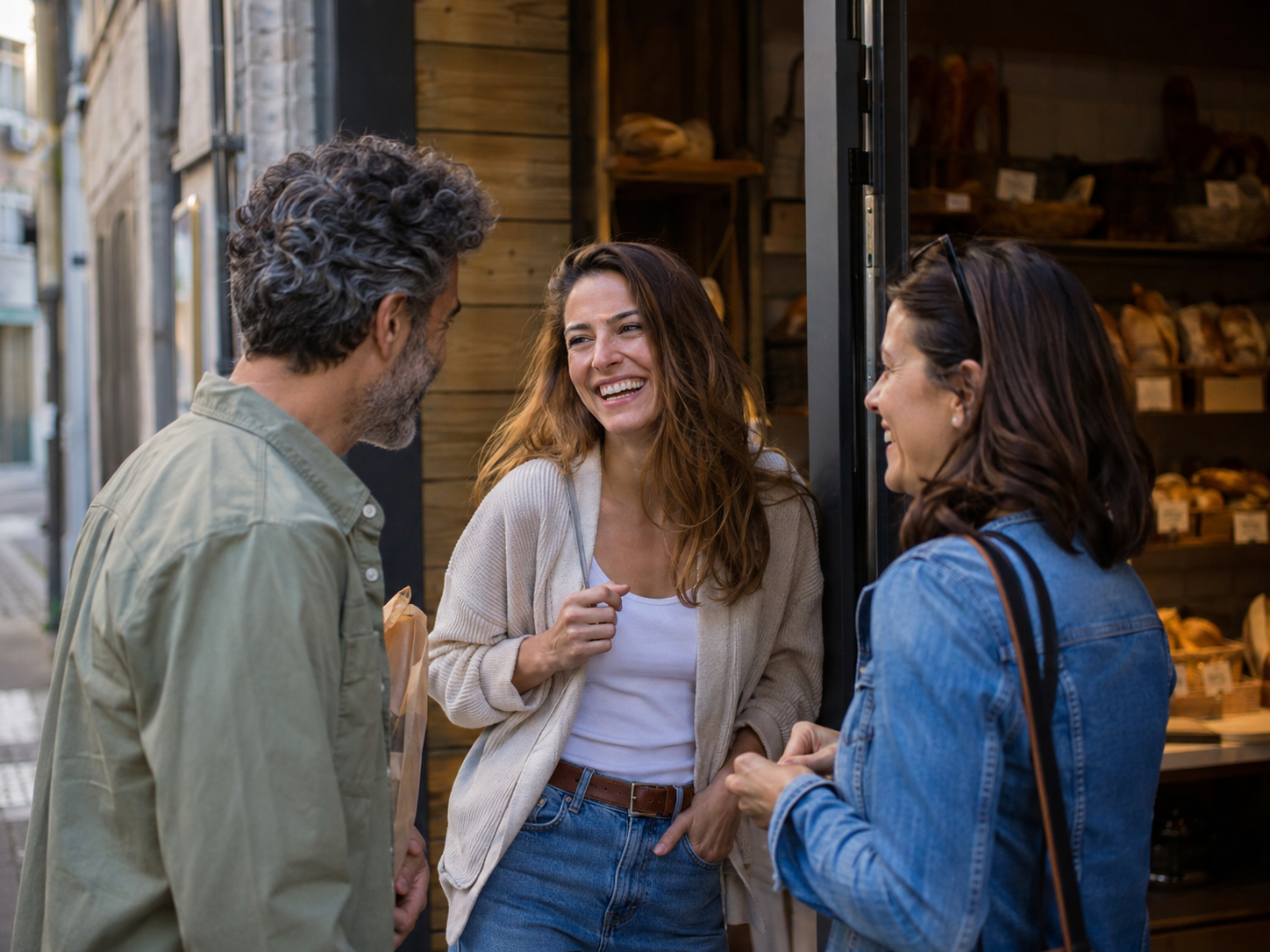 Adults chatting at a neighborhood bakery entrance