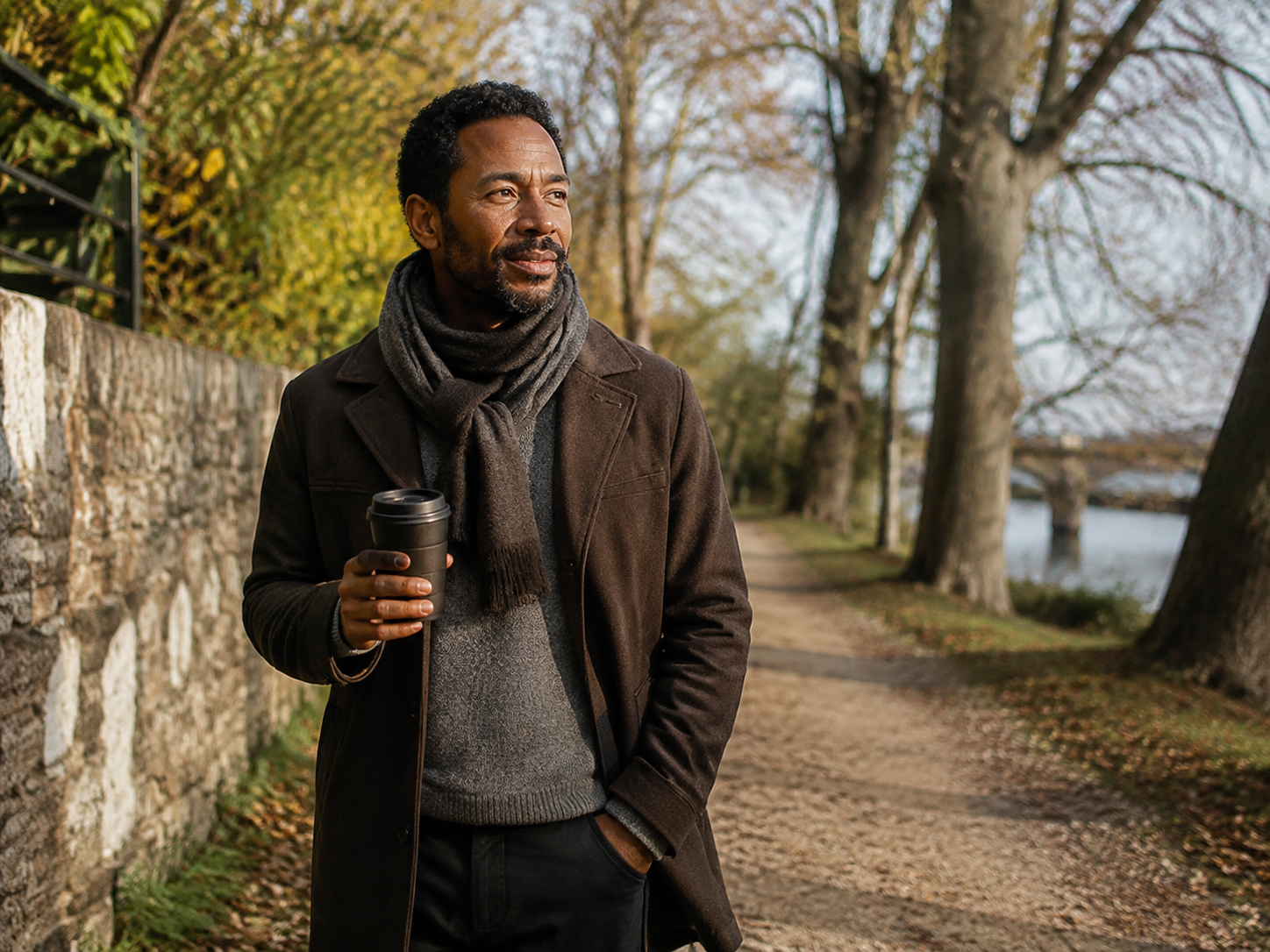 Adult enjoying a familiar walking route with a reusable coffee cup