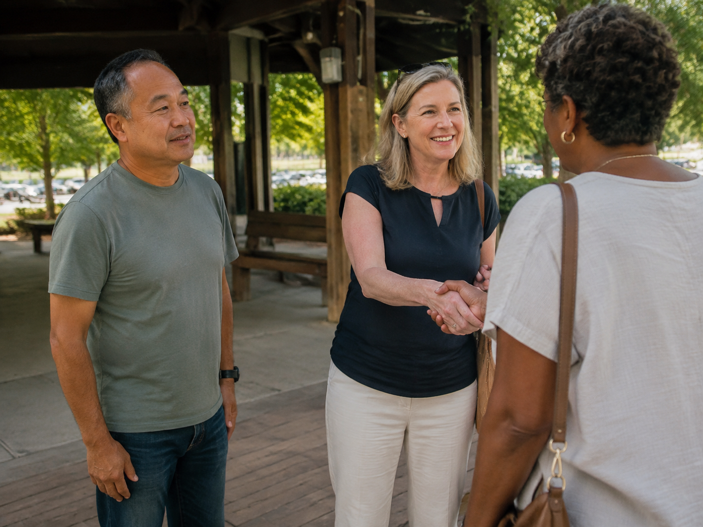 Adults greeting at a small public park pavilion