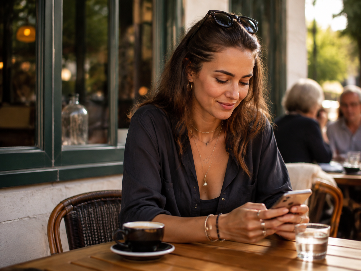 Adult sending a message from an outdoor café table