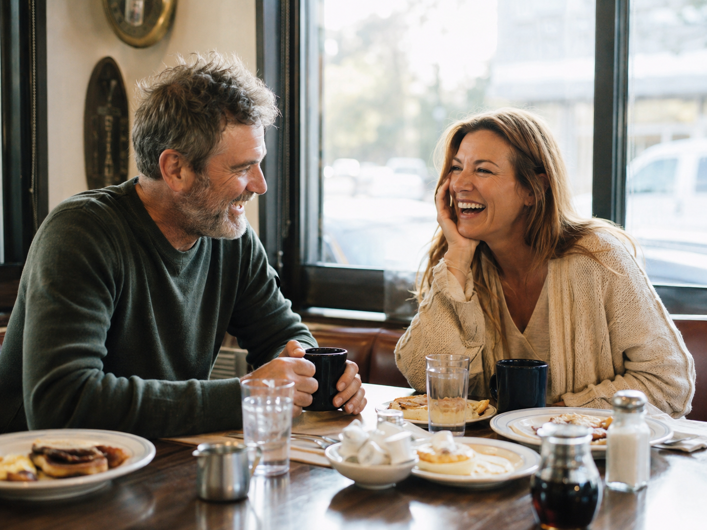 Adults laughing over breakfast at a local diner