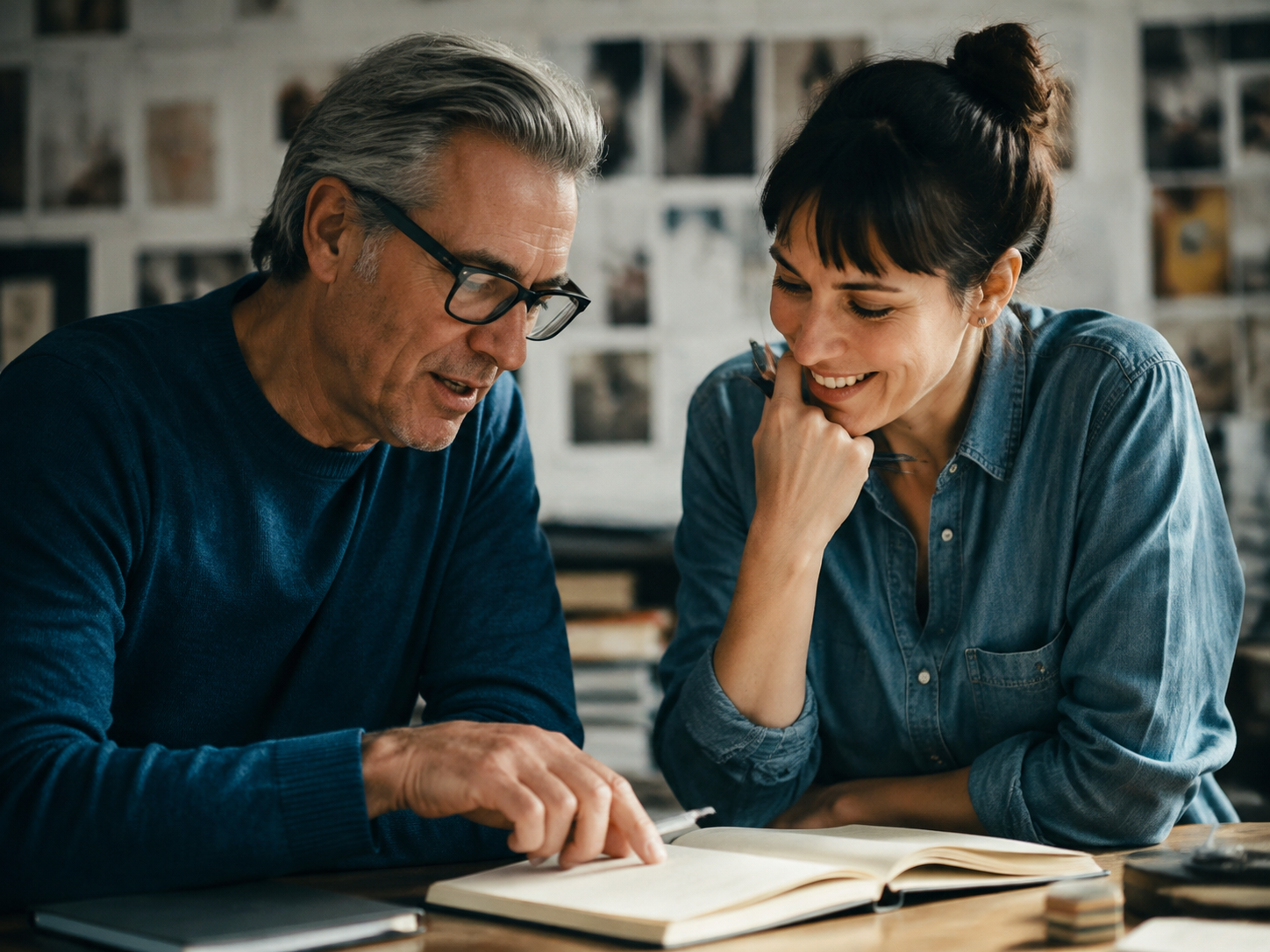 Adults of different ages talking over a notebook