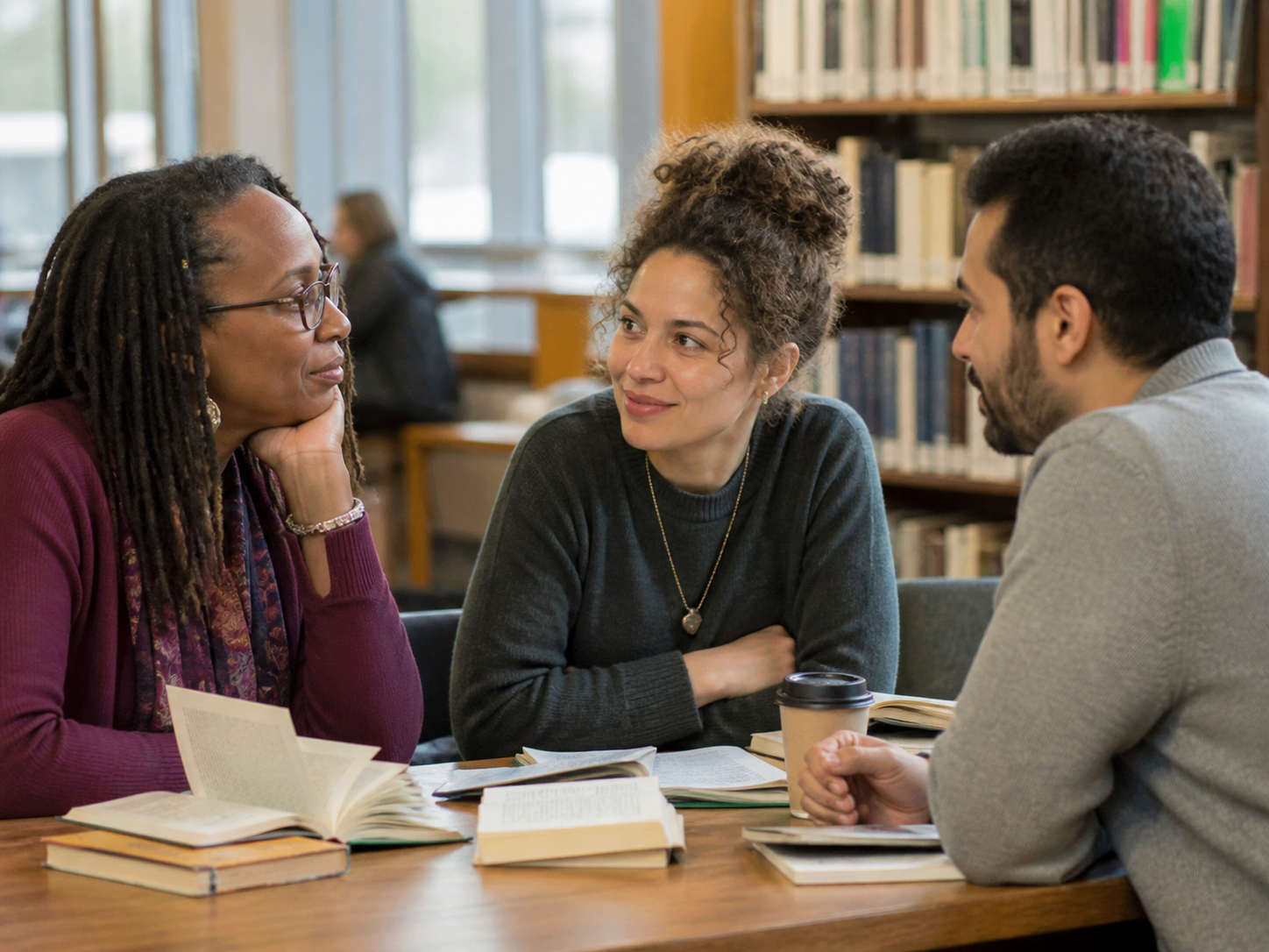 Adults meeting at a public library discussion table