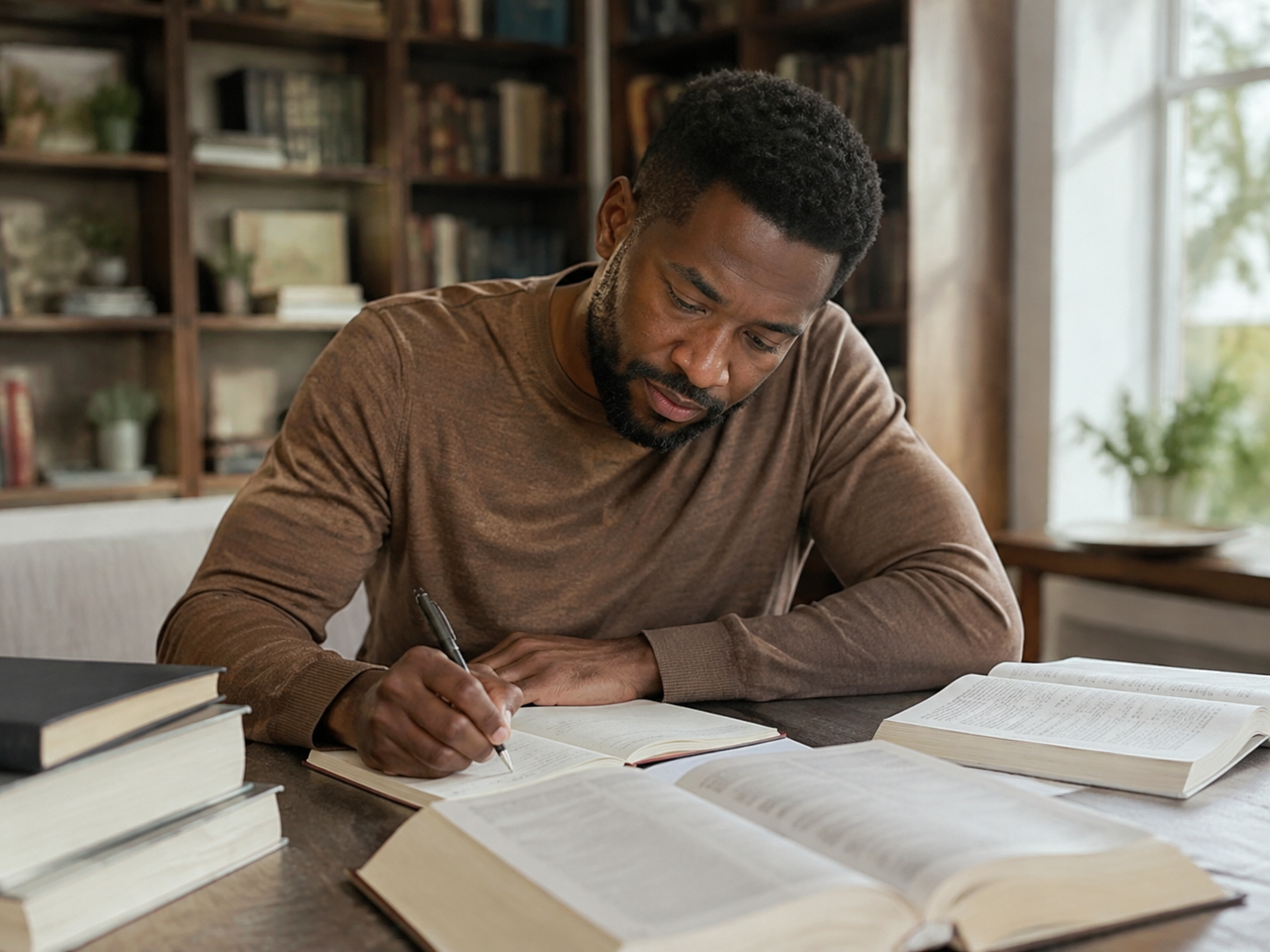 Adult writing a thoughtful question beside reference books