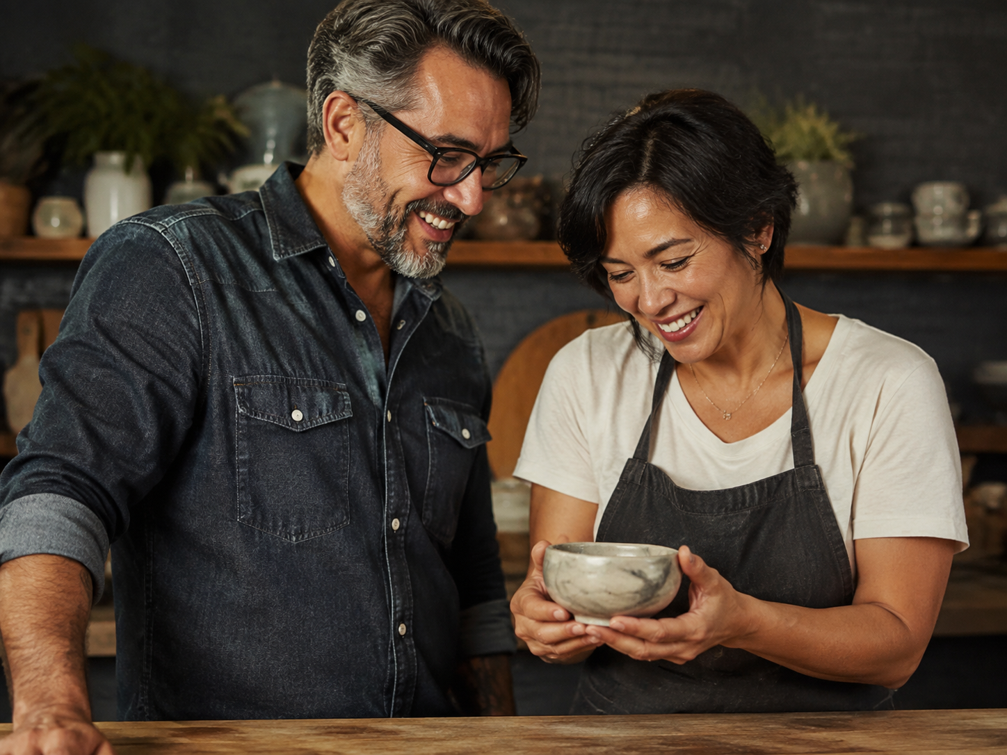 Adults smiling while reviewing a small finished project