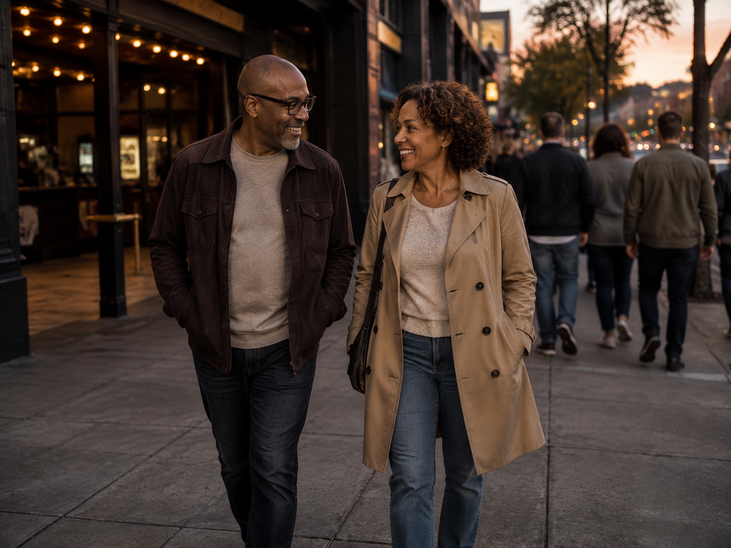 Adults approaching a neighborhood cinema at dusk
