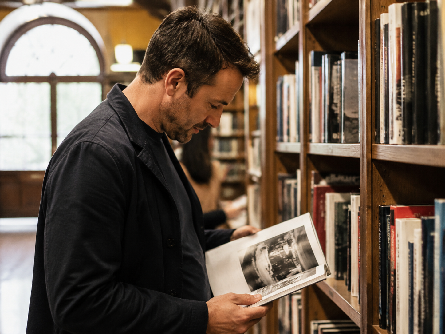 Adult browsing film books at a library