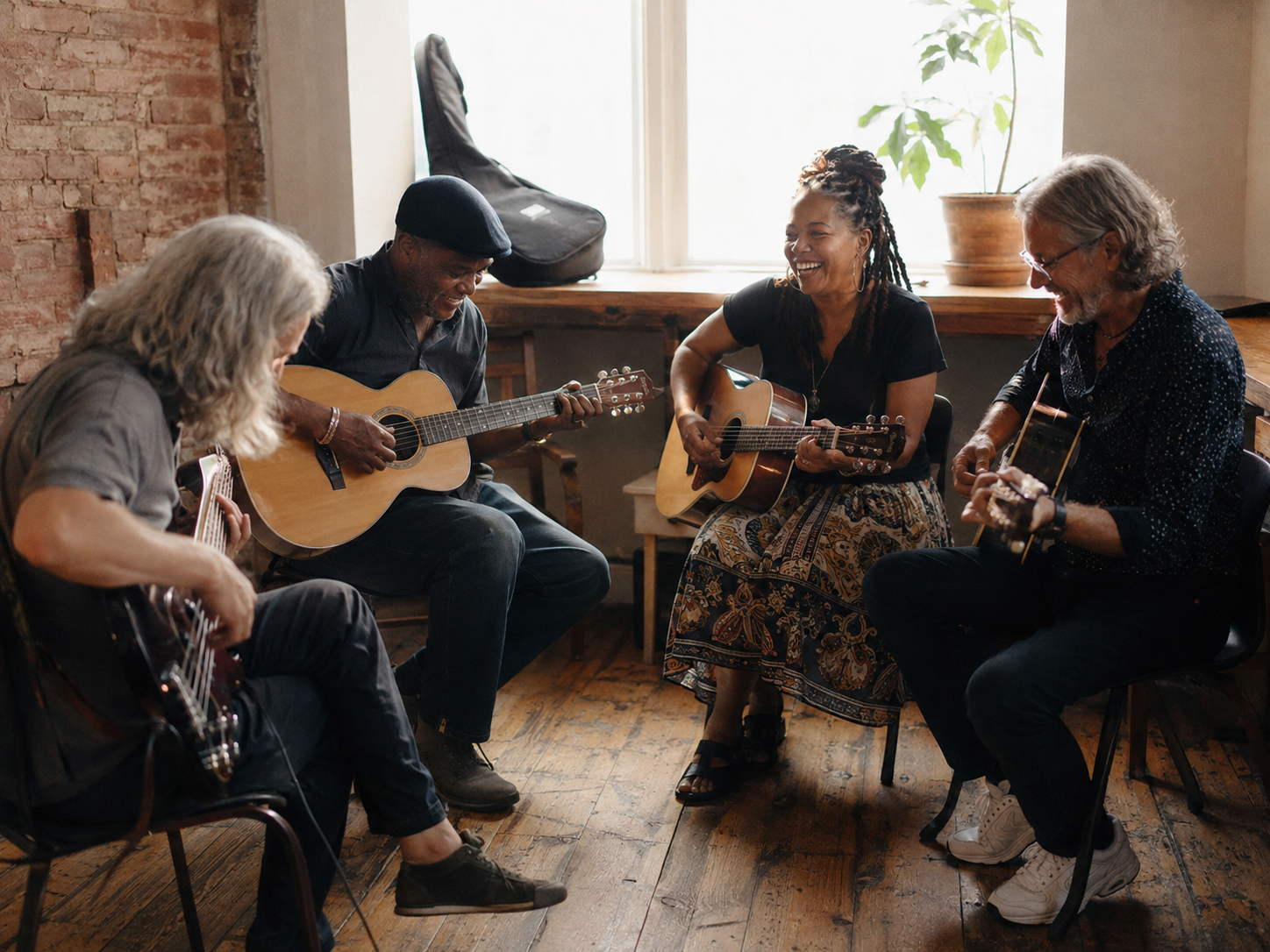 Adults playing acoustic instruments in a bright community room