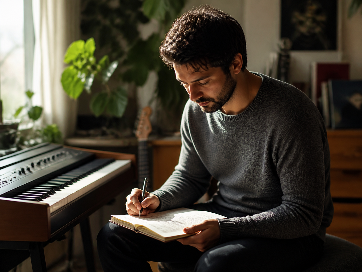 Adult writing musical ideas beside a keyboard
