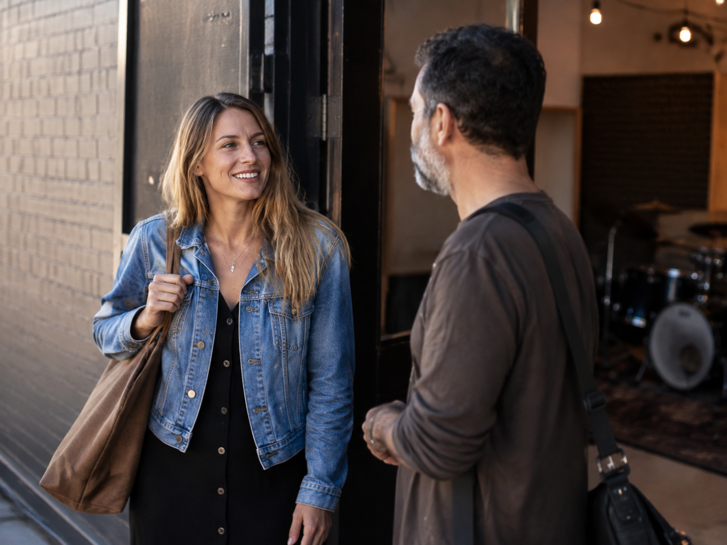 Adults greeting outside a local rehearsal studio