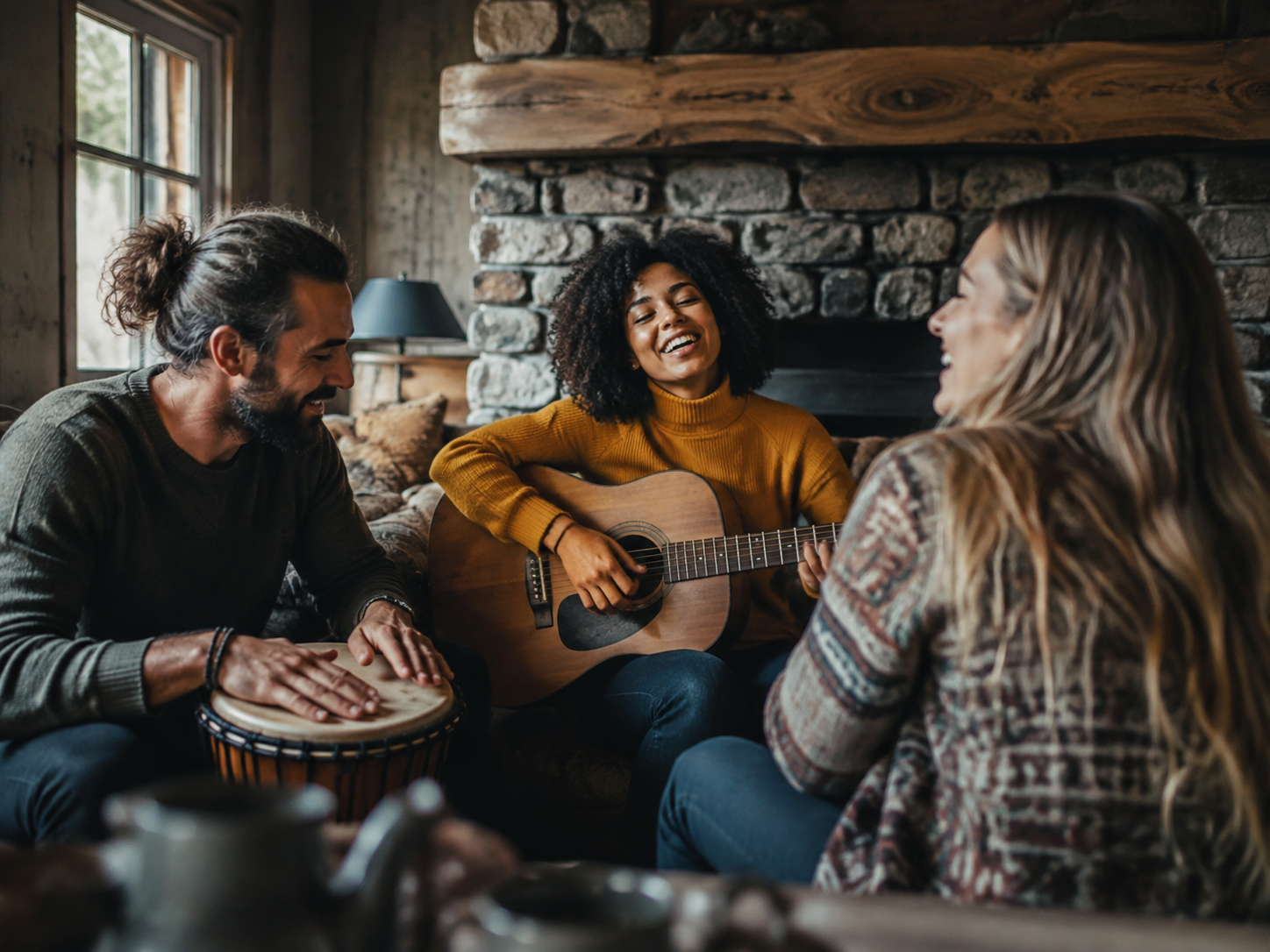Adults smiling during an informal acoustic jam