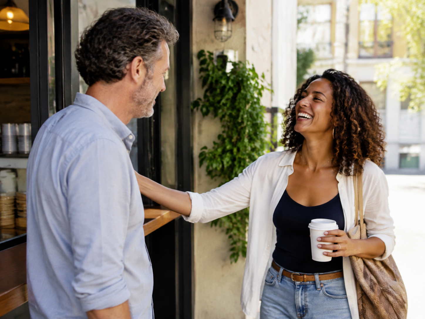 Adults greeting at a neighborhood coffee kiosk.