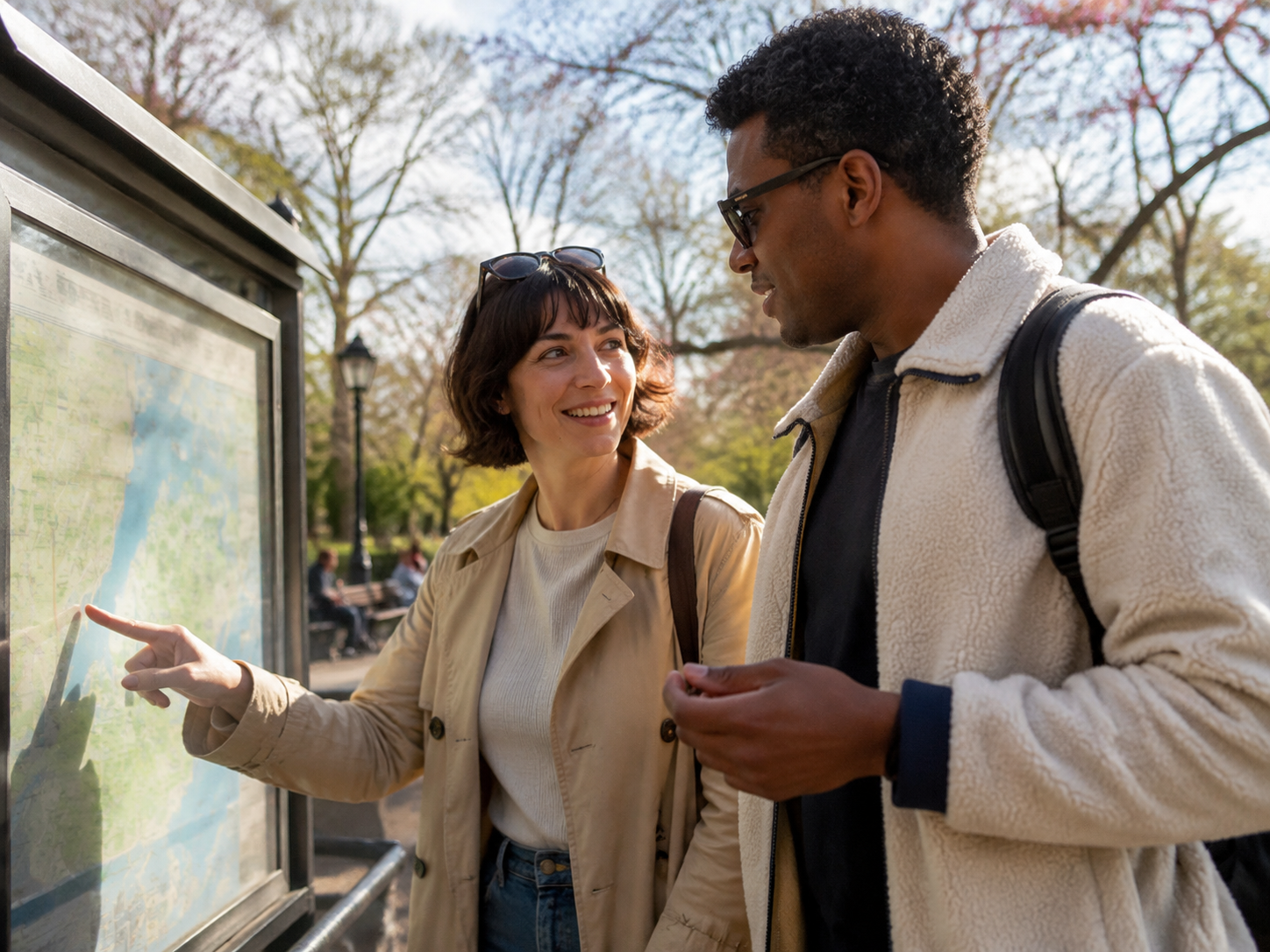 Adults talking beside a public park map.