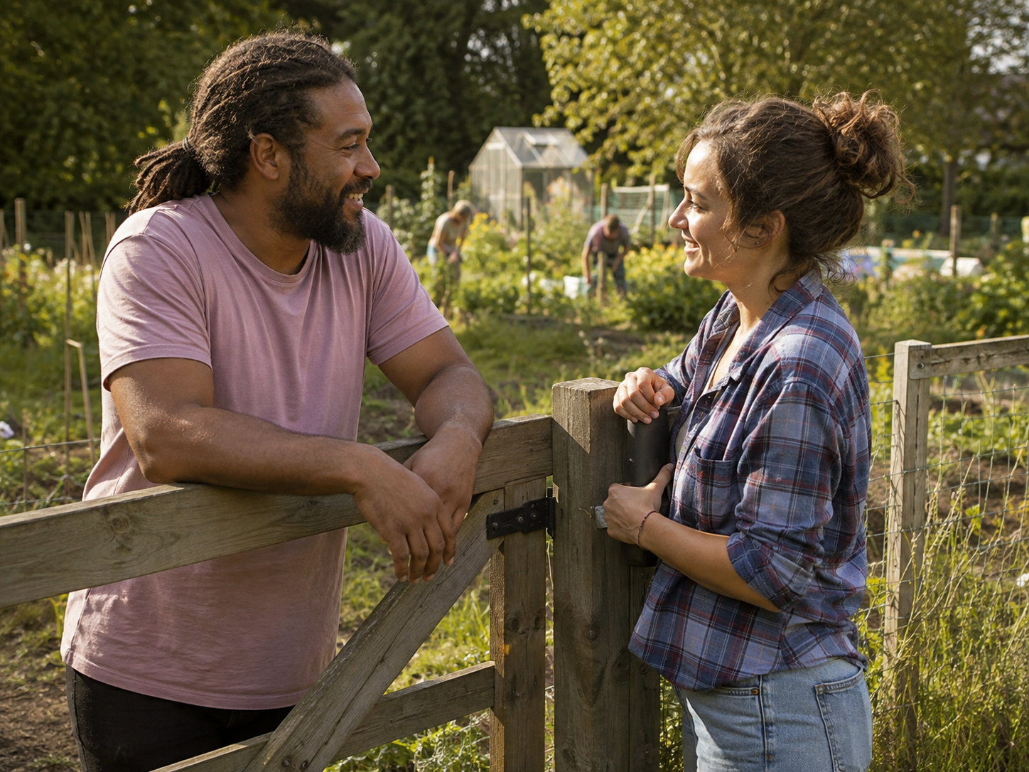 Adults chatting at a community garden gate.