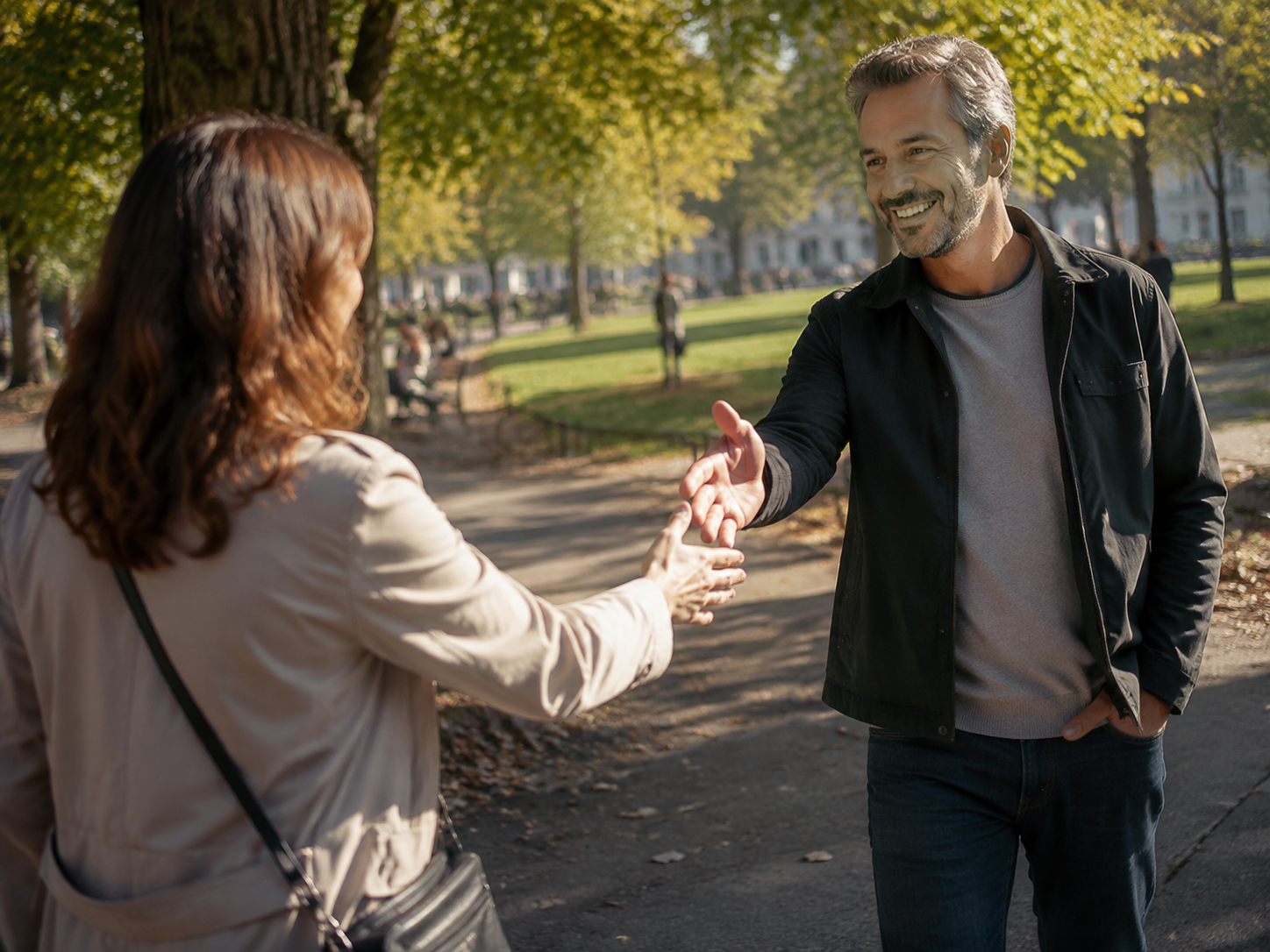 Adults greeting beside a public neighborhood green