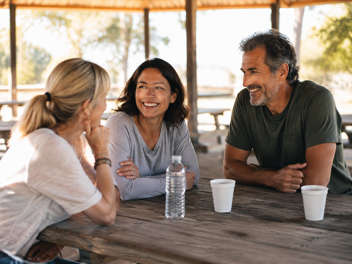 Adults meeting at a park pavilion