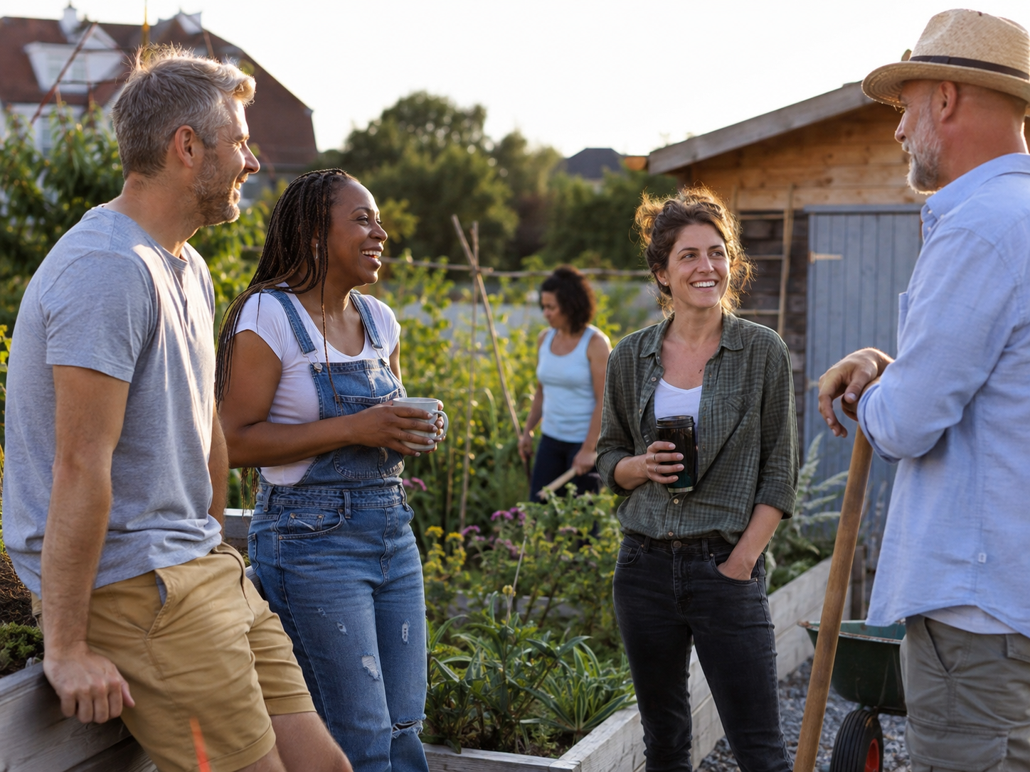 Adults chatting after a community garden visit