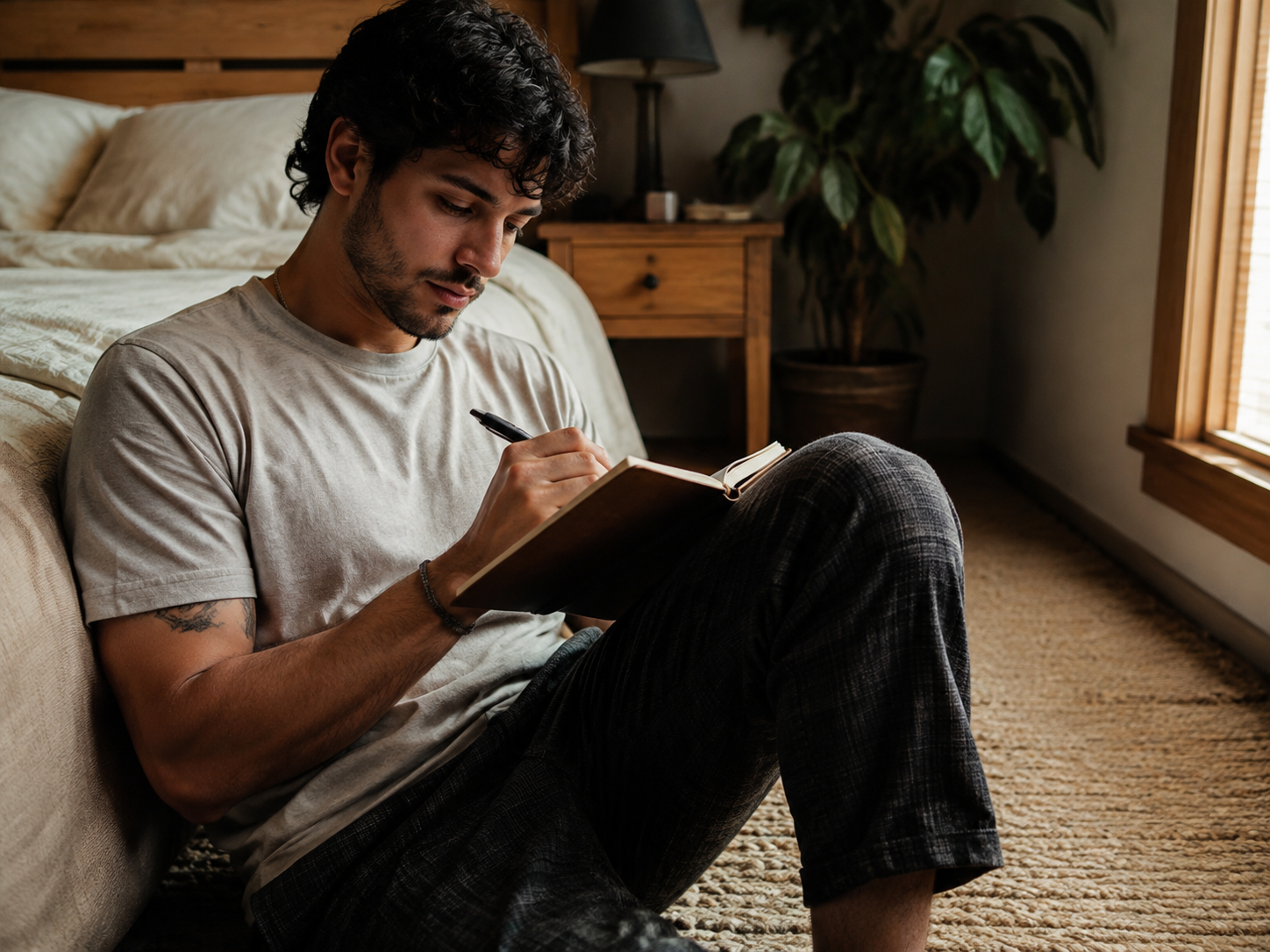 Adult writing a message while holding a notebook